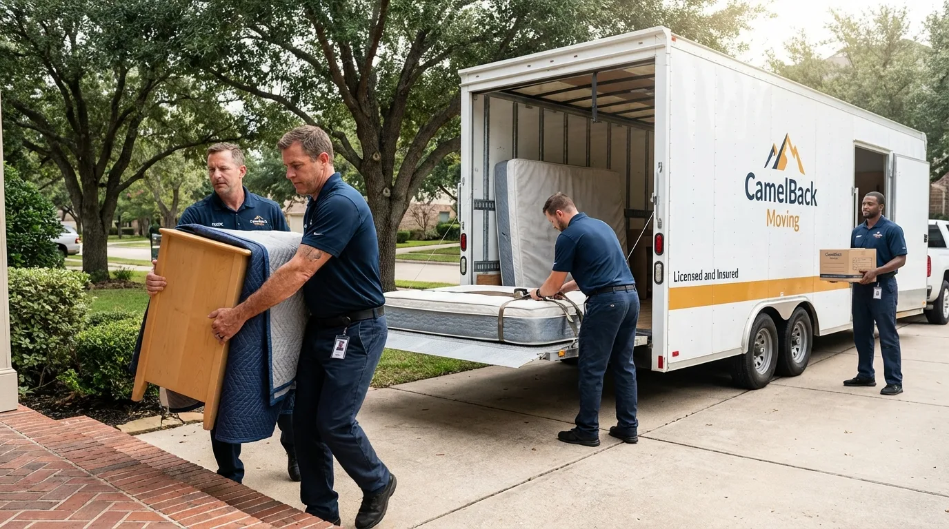 Crew loading residential truck for cross-state move from Hitchcock, TX