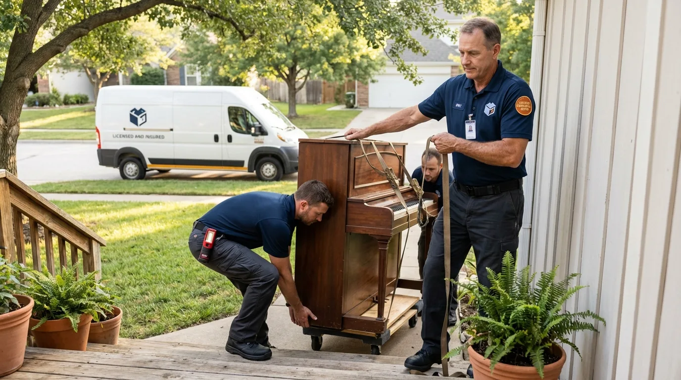 Licensed piano movers securing grand piano in Hitchcock, TX