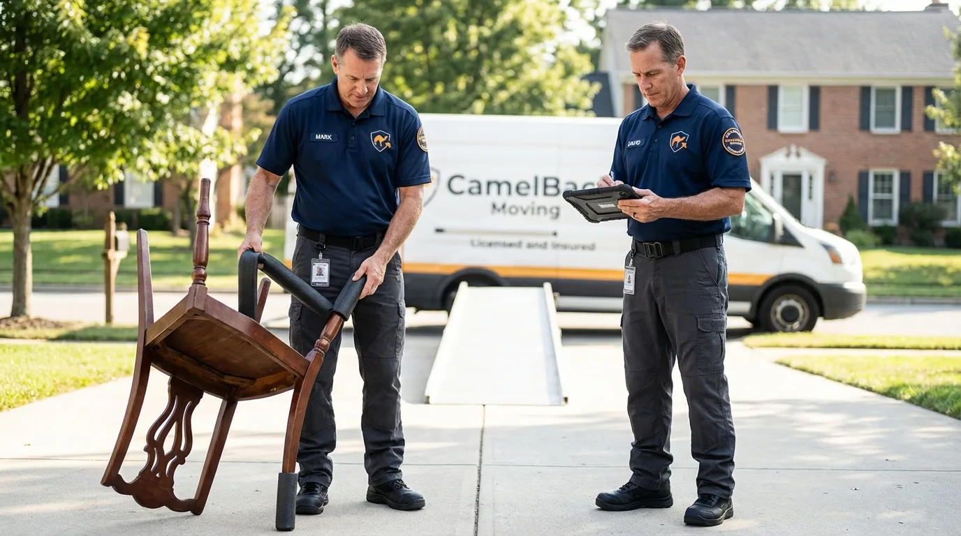 Movers inspecting furniture for damage prevention before loading in Hitchcock, TX