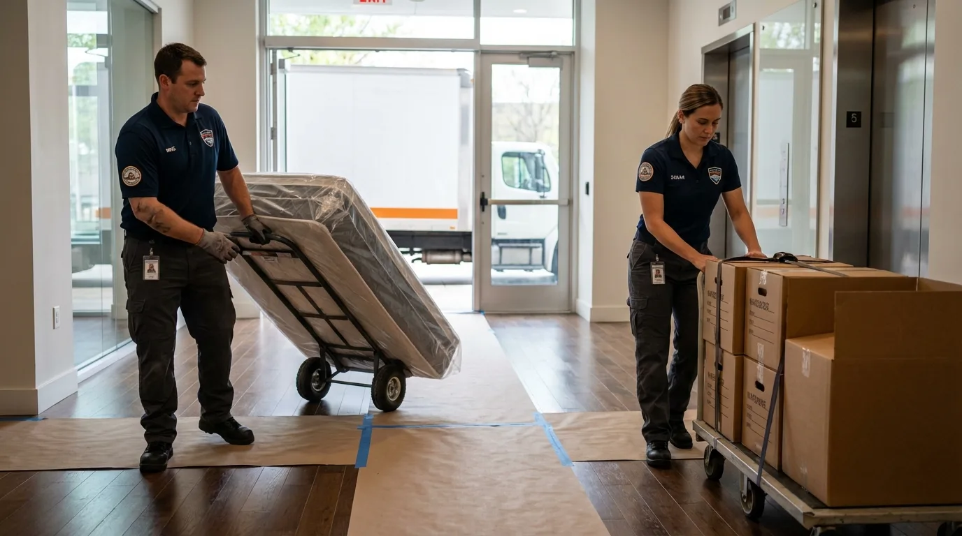 Professional apartment movers loading elevator in Hitchcock, TX